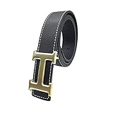 Maikun H Letter Gold Buckle Black Leather Belt 110cm for Waist Size 32-34