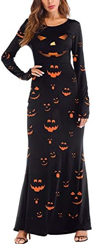 Ninkisann Women's Halloween Maxi Dresses 3D Printed Crewneck Long Sleeve Loose Plain Halloween Casual Long Dresses…