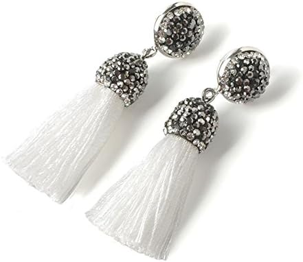 Women's Dangle Drop Short Tassel Earrings with Shell Pearl Black Rhinestone Top