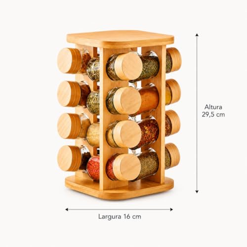 Porta Temperos Giratório 360° em Bambu com 16 Potes de Vidro 80ml, Base Quadrada – Organizador Premium para Cozinha