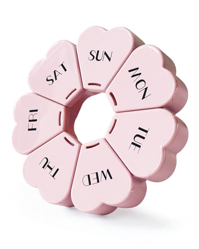 FHORAIN Weekly Pill Organiser, Cute, 7 Day, Large Compartments, Portable Tablet Box, Round, Vitamin and Supplement Case (Pink)
