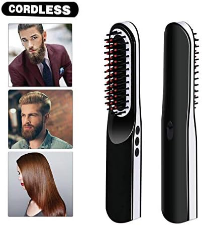 Cordless Hair Straightening Brush, USB Rechargeable Portable Travel Beard Straightener๏ผQuick Styling Ceramic Anti-Scald Curling Iron Comb with LCD Display for Frizz Hair for Men Women