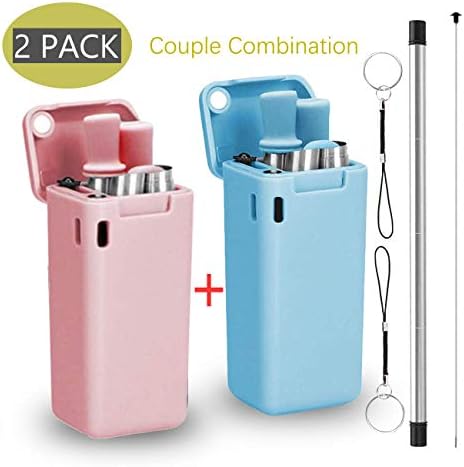 Decootl-2PACK-Collapsible Reusable Straws-Foldable Metal Drinking Straws-Portable Stainless Steel Straws-Food grade silicone With keychain straws-with Case and Cleaning Brush- (Pink& Blue)
