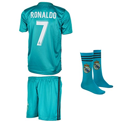 Real Madrid Ronaldo #7 Kids Jersey Set With Socks || Season 2017 2018 || Turquoise Edition (Medium (6-7 Ages))
