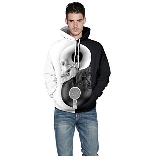 Jessie storee Helloween Hooded Sweatshirt Black and White Skull Print Pullover Hoodie Women Men Couples Unisex Horror Sweatshirts Clothing Large Size Sweater Loose Baseball Uniform Tide,Black,L