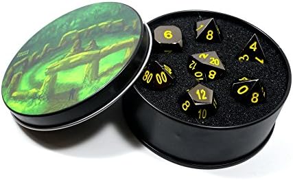 Metal Dice Polyhedral Set of 7 Blazing Black D&amp;D RPG Black with yellow numbers