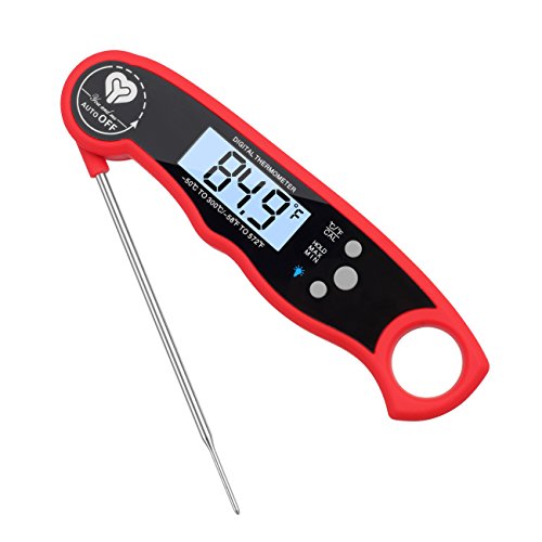 Instant Read Digital Thermometer, Cooking Food Thermometer for Kitchen & Outdoor, With a Luminous Electronic LCD Screen and Foldable Probe & Calibration Functions, by You and Me Red