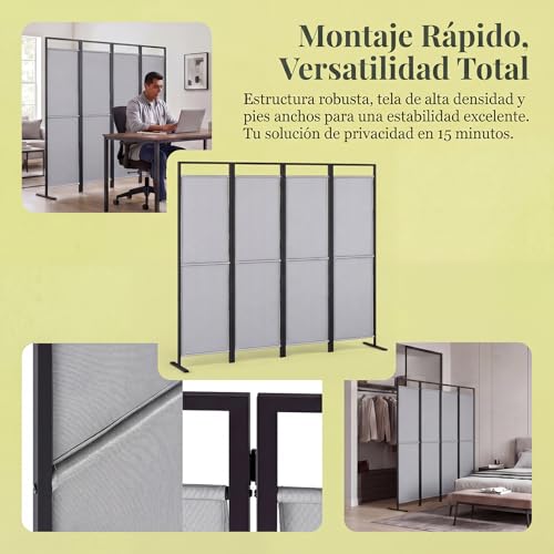 SIMPLE ESPACIO Biombo de privacidad Plegable de Cuatro Paneles, Base ensanchada, Divisor portátil, Dimensiones del Panel 175 cm de Ancho x 170 cm de Alto (Gris)