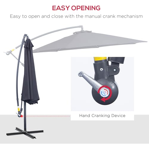 Outsunny 10' Deluxe Patio Umbrella, Outdoor Market Parasol, Banana Hanging Offset Sunshade with Crank, Cross Base