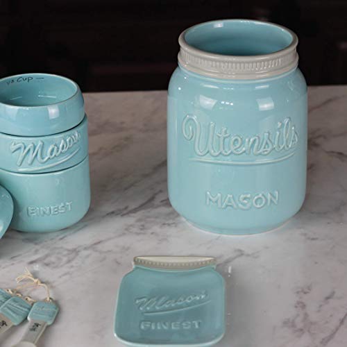 Wide Mouth Mason Utensil Holder - Large Ceramic Kitchen Utensil Holder - Rustic Farmhouse Caddy Organizer For Cooking Utensils, Spatula, Accessories - Beautiful Farm House Countertop Crock Decor