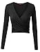 Doublju Deep V-Neck Fitted Surplice Wrap Crop Top for Women with Plus Size Black Medium