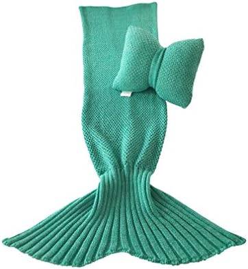 Mermaid Tail Blanket and Bowtie Pillow By Viva Blanket: Knitted Sleeping Blanket With Decorative Cushion In 4 Colors – The Best Gift For Girls, Kids &amp; Adults (Mint-Green)