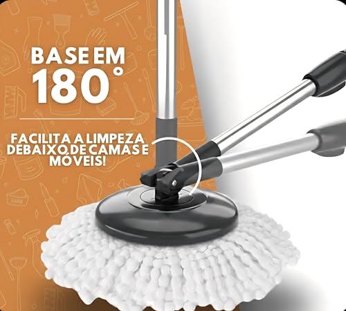Mop Giratório Balde 9l Cesto inox Reforçado +2 Refis Microfibra Premium Plus- Esfregão Lava e Seca 360 Original