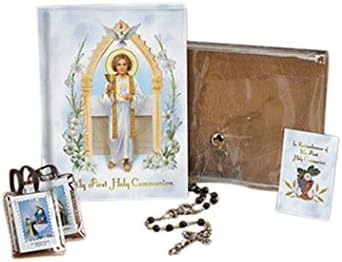 Jesus Pure and Holy First Communion Wallet Set with Mass Book, Scapular, Rosary, and Lapel Pin (Black (Boy))