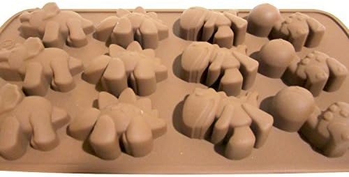 1 X Dinosaur Silicone Baking Non-stick Flexible Mold Muffin Pan Ice Tray, 12 Dinosaurs Chocolate Brown