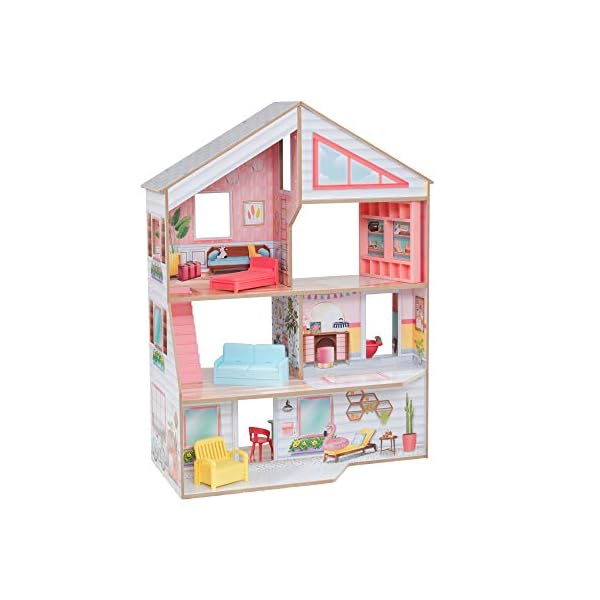 KidKraft 10064 Charlie Puppenhaus aus Holz mit Möbeln und Zubehör Spielset mit 3 Spielebenen für Puppen bis 18 cm