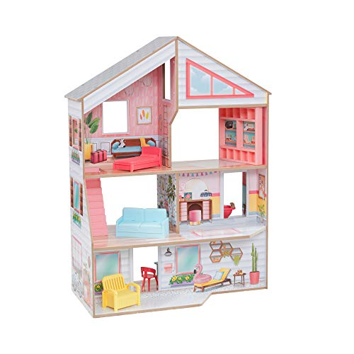 KidKraft 10064 Charlie Puppenhaus aus Holz mit Möbeln und Zubehör Spielset mit 3 Spielebenen für Puppen bis 18 cm