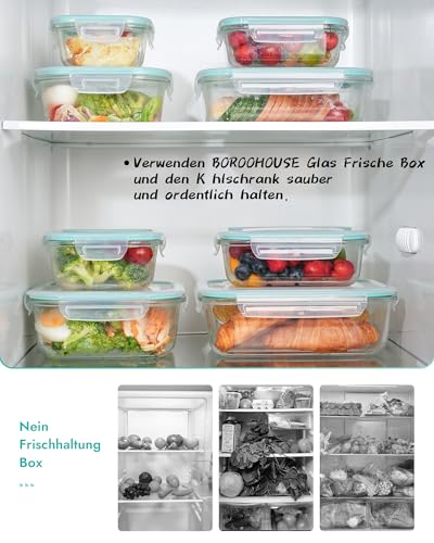 BOROHOUSE Glass Food Storage Containers, Set of 8 - Storage Containers, Oven Safe (-20°C to 510°C), Airtight Seal, Stackable, Gift Packaging