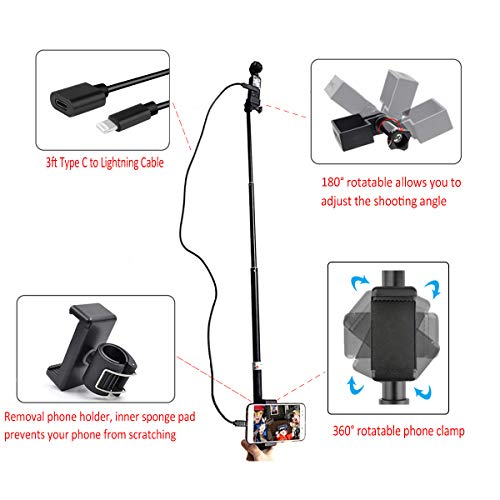 O'woda Aluminum Extendable Selfie Stick Cellphone Holder Scalable Extension Monopod Pole Rod with 3ft Extension Data Cable iOS Cord for DJI OSMO Pocket and i Phone/i Pad