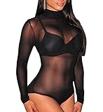 J&Design Women Black Sheer Mesh Long Sleeve Jumpsuit Bodysuits
