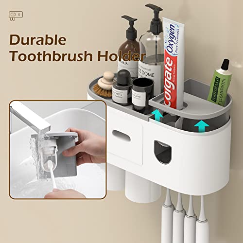 Toothbrush Holder Wall Mounted for Bathrooms, LJ KuKu Lady Toothbrush and Automatic Toothpaste Dispenser Squeezer, with 2 Magnetic Cups, 4 Organizer Slots, Drawer Storage Tray