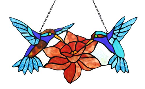 Yolic 18 inches Hummingbird Tiffany Style Stained Glass Window Panel with Hanging Chain