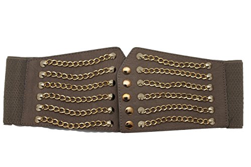 TFJ Women Fashion Corset Belt Wide Waist Gray Faux Leather S M Gold Chains