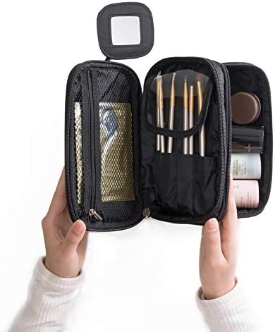Portable Makeup Bag, WuHua Double Layer Cosmetic/Toiletry Brush Bag for Women, with Mirror Travel/Train Kit Organizer, Professional Makeup Pouch Purse for Travel Home