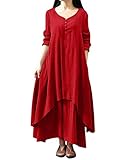 ZANZEA Ladies V-Neck Button Cotton Line Loose Long Maxi A-Line Irregular Hem Dress (18, red)