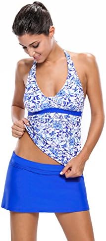 Amady Women's Plus Size Print Halter Tankini and Skort Swimsuit (S-3XL)