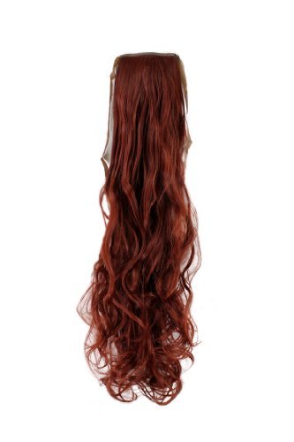 Hairpiece PONYTAIL (comb & ribbon wrap-around system) extension pigtail very long (24 inches) slightly CURLED wavy DARK RED YZF-1094HT-35