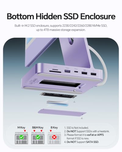 Hub USB-C per iMac 24" M1/M3/M4 con box esterno per SSD M.2 NVMe da 4 TB | PULWTOP hub USB C per iMac da 24" 2021-2024 con HDMI 4K a 60 Hz, 2,5 GbE, USB A/C 3.2 10 Gbit/s, SD/TF, audio - Viola