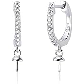 LGSY 925 Sterling Silver/Gold Plated/Rose Gold Plated CZ Huggies Hoop Earrings Fitting for Pearl, Earring Post Findings with Pearl Seat for DIY Jewelry Making