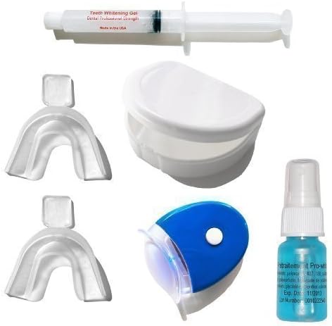 Teeth Whitening kit to use at home with non-peroxide gel, mouth trays and case, a LED lamp to speed up the process, and a pre-treatment spray to improve the whitening process