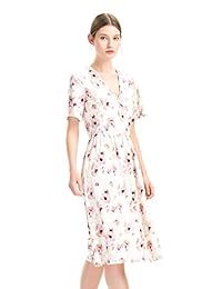 Vestido estampado floral de media pierna con cuello en V y manga corta con cuello en v de zhAjh para mujer con parte delantera cruzada de imitación