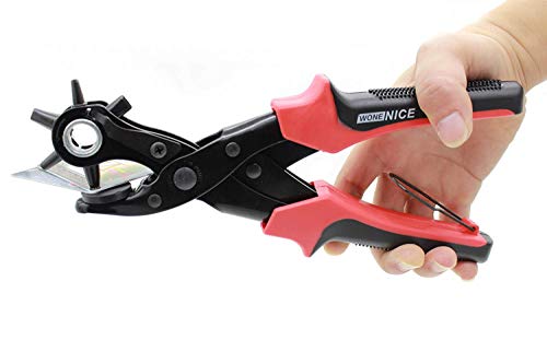 Leather Hole Punch Plier Set for Belts, Watch Bands, Straps, Dog Collars, Saddles, Shoes, Fabrics, DIY Home or Craft Projects. Super Heavy Duty Rotary Puncher, Multi Hole Sizes Maker Tool