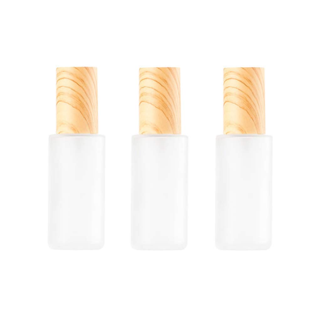 3Pcs 60ML 2OZ Refillable Translucent Frosted Glass Travel Soap Dispenser Lotion Pump Bottle Cosmetic Toiletries Containers Jar Pot Vials with Wood Grain Lid for Cream Liquid Foundation Soap etc