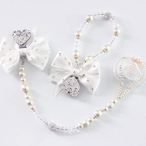 Dollbling Original Design Baby Pacifier Clip+Stroller Chain Set, Handmade Custom Gold/Silver Pearls Crystal Bowknot Soother Chains (Not Includes Soother)