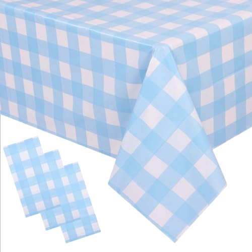 Jetelete 3 Packs Light Blue and White Checkered Tablecloth 54x108 Inches Rectangle Gingham Tablecloth Disposable Plastic Waterproof Table Cover for Outdoor Picnic Kitchen and Birthday Party