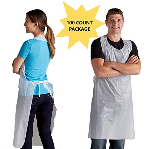 Disposable Poly Aprons 100 pack 28 X 46 inches Large White Protective Apron for Commercial or Household Use - Throw Away for Hair Salon Spa or Art Studio