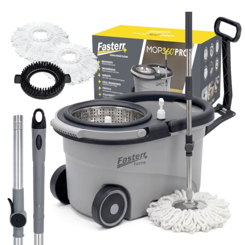 Mop Giratório 360º Fasterr FST104 Cesto em Inox 14L | Cabo Regulável até 160cm | Kit com Escova Abrasiva e Dispenser de Sabão | Limpeza Doméstica e Comercial