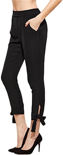 Llettier Mid Waist Trousers Lady Pants Woman Elegant Elastic Waist Autumn Women Black Bow Tie Hem Crop Skinny Pants Soft