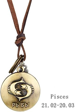 12 Constellations Copper Pendant Zodiac Sign Long Necklace for Women and Men with 28" Leather Rope