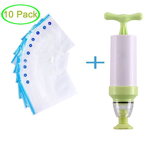 MEIBEI Sous Vide Bags Kit for Food Sealer, Food Saver, 10 BPA Free Food Vacuum Sealed Bags With 1 Hand Pump and 1 Bag Sealing Clip , Reusable & Practical, Easy to Use for Food Storage & Cooking