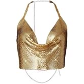 Christmas Women’s Sexy Metallic Sequins Halter Crop Top Deep V Neck Backless Vest Shirt Clubwear Rave Outfit 50 * 30CM（Gold）