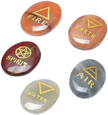 Indoor Fountains & Accessories - Crocon 5 Elements Assorted Stones Engraved Triangle Symbols (Earth Air Fire Water Spirit) Polished Palm Stones for Gemstone Reiki Crystals Healing