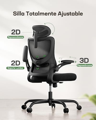 Silla Oficina Ergonómica, Silla Escritorio Ergonómica con Reposacabezas 2D Ajustable, Soporte Lumbar 2D, Reposabrazos Plegables 3D, Ajuste de Altura, Silla Oficina Giratoria hasta 136 kg