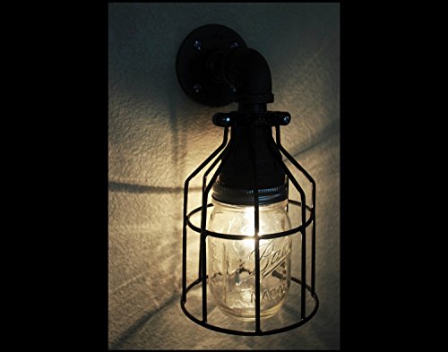 Industrial Wall Sconce Galvanized Pipe Lighting w/ Mason Jar for Kitchen, Bathroom or Outdoor Lighting Sconces Steampunk - Black Cage Modern Industrial Lighting Fixture, Farmhouse Light - Thumbnail 4