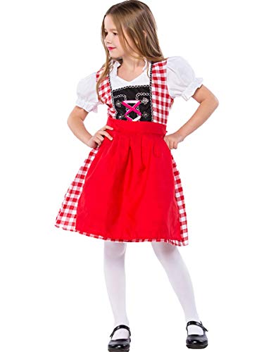 MYRISAM Girls Bavarian Oktoberfest Costumes Dirndl Dress with Apron Beer Maid Fancy Dress Carnival Halloween Costume Red 8-9T