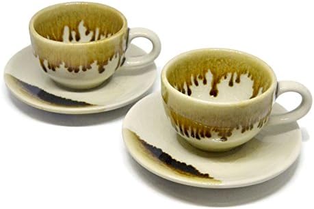 Set of 2 Porcelain Coffee Espresso Shot Cup & Saucer Set Mini Teacup Ceramic Art Stoneware Gift, 2 oz. (Brown)